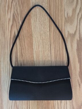 Black Satin Evening Handbag with Rhinestone Trim